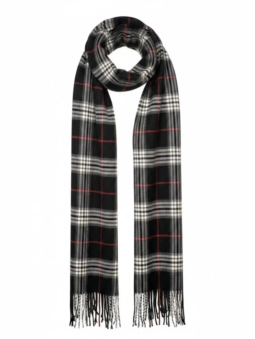 NWT John Ashford Plaid Scarf Black White plaid Fringe Winter Tartan Heritage